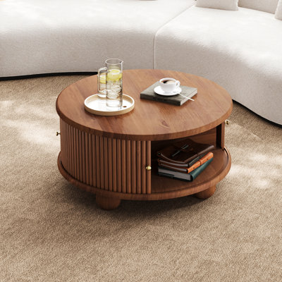 Table basse ronde cannelée avec rangement, bois massif de pin, porte coulissante, naturel, 31,8 po