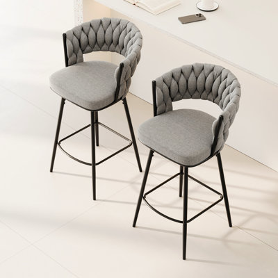 2 360° Swivel Bar Chairs, Soft Cushioned Counter Stools. Black + Gray, Metal Leg Modern Luxury Kitchen Chairs. Foam Filled, Linen Fabric. Ergonomic To Minimize Sitting Discomfort. Rust- Frame. For