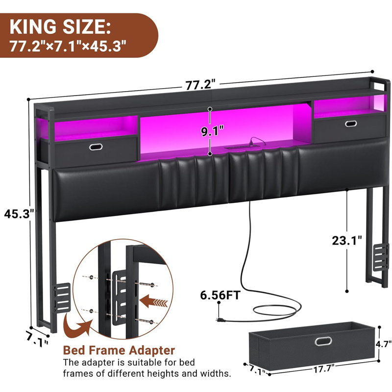 King Size Headboard with Drawer Storage and RGB LED Light, King Upholstered Headboard