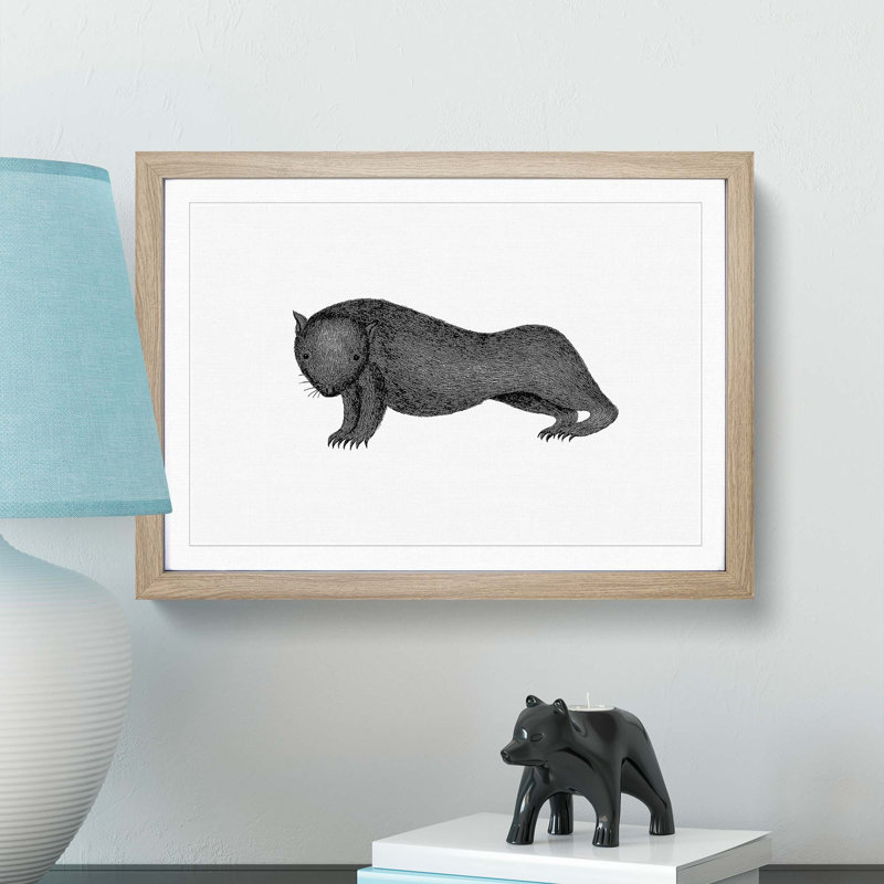 Wombat Illustration in Black & White - Framed Print, 36cm H x 48cm W x 2cm D, Oak Framed