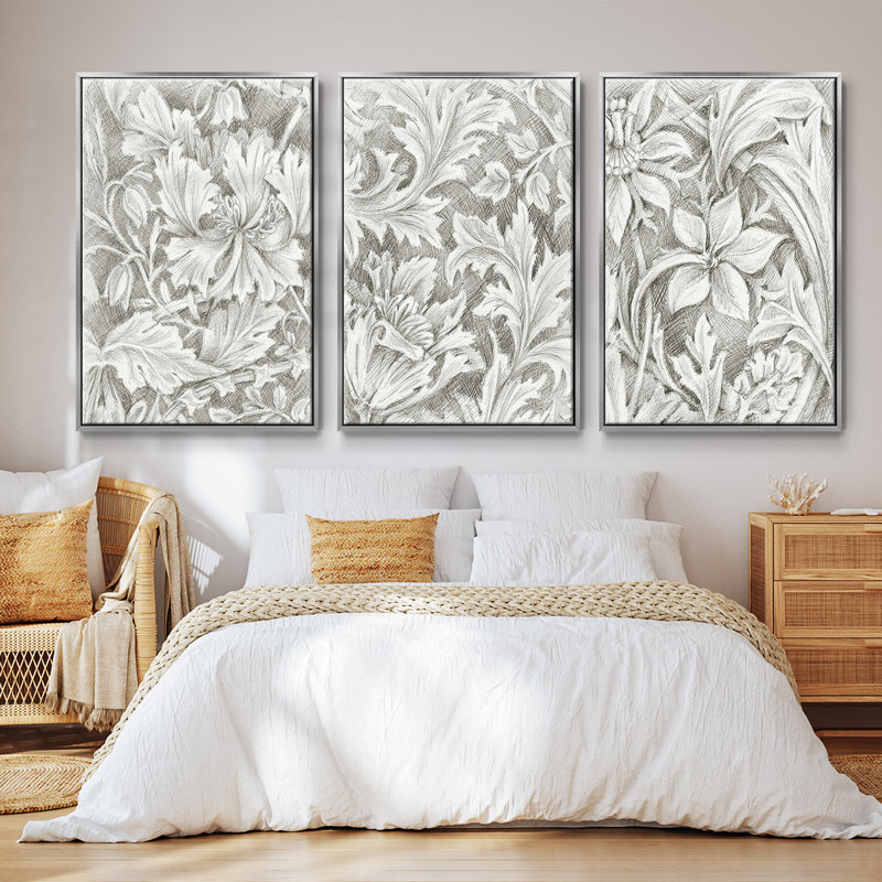 Ensemble de 3 pièces à motif floral I, H 27 po x l 54 po, Encadrement argenté