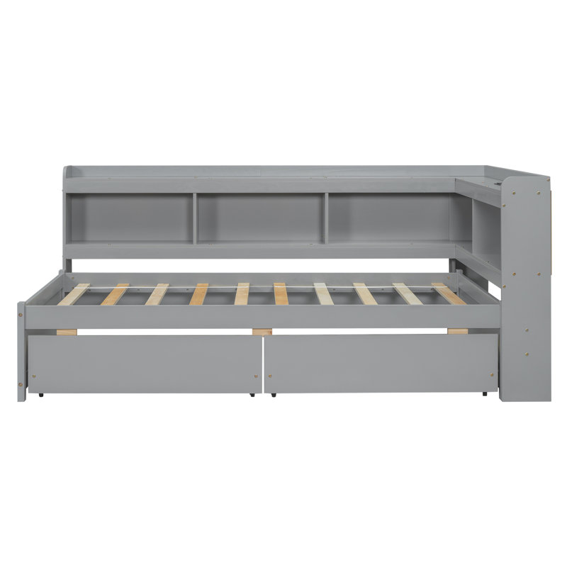 Lit simple avec bibliothèques en forme de L et prises de courant, 2 tiroirs, gris - Unité de tiroir pratique pour station de charge
