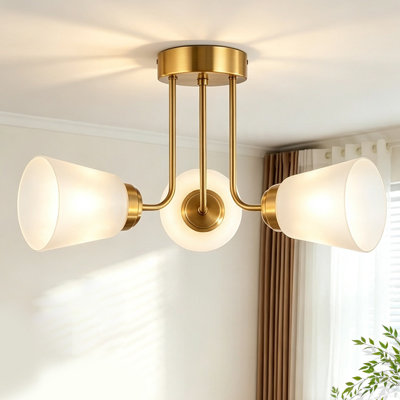 3-Light Semi-Flush Mount Lighting with White Milk Glass Shades, Mid-Century Modern Ceiling Light for Bedroom or Hallway