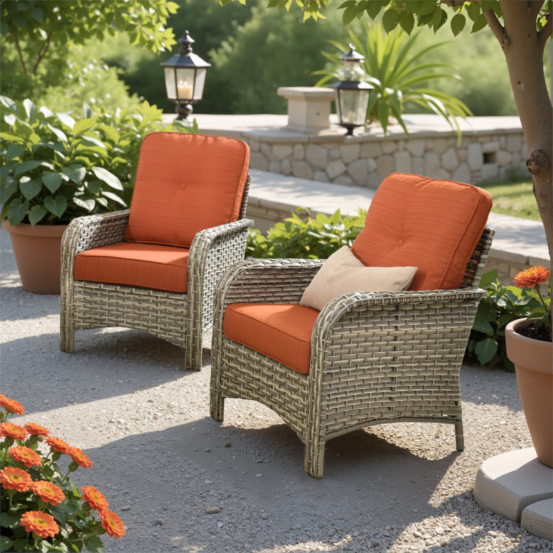 All-Weather Wicker Outdoor Lounge Chair With Cushions (Set Of 2), Orange Red