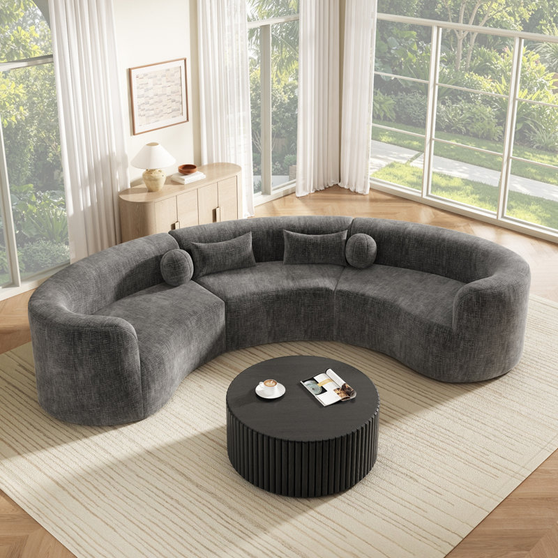 Canapé modulaire courbé 3 pièces, canapé rembourré sans cadre avec coussins 3 pièces, Grey Chenille