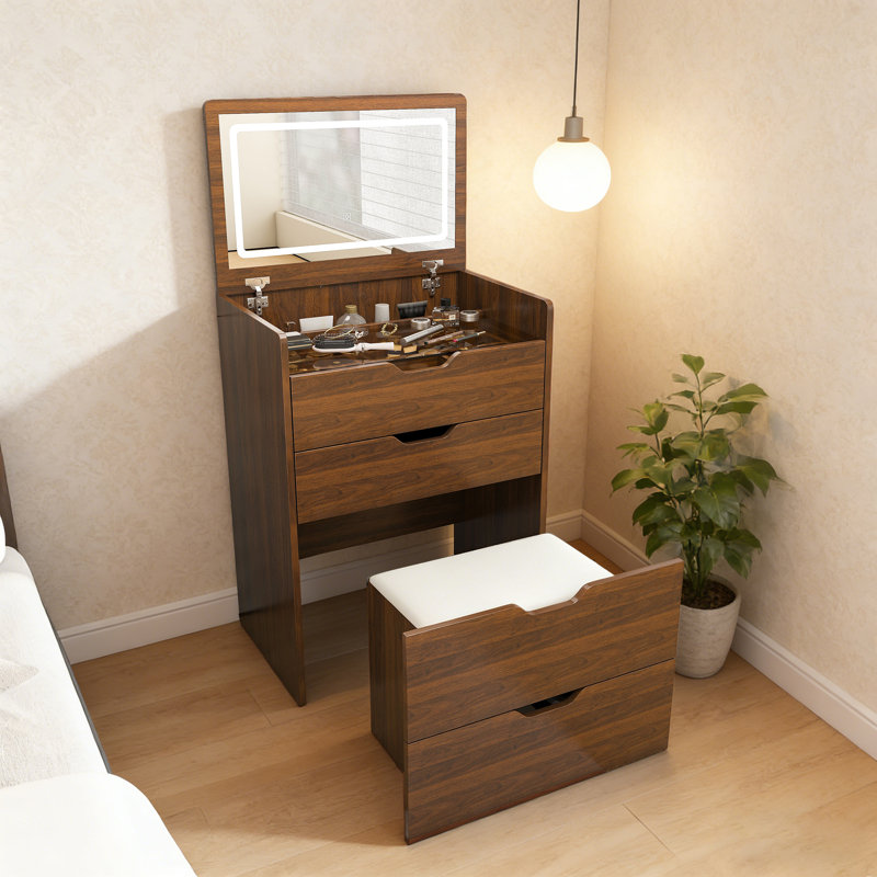 Petit bureau de meuble-lavabo 3 en 1 avec miroir, tabouret et lumières, Walnut+White1