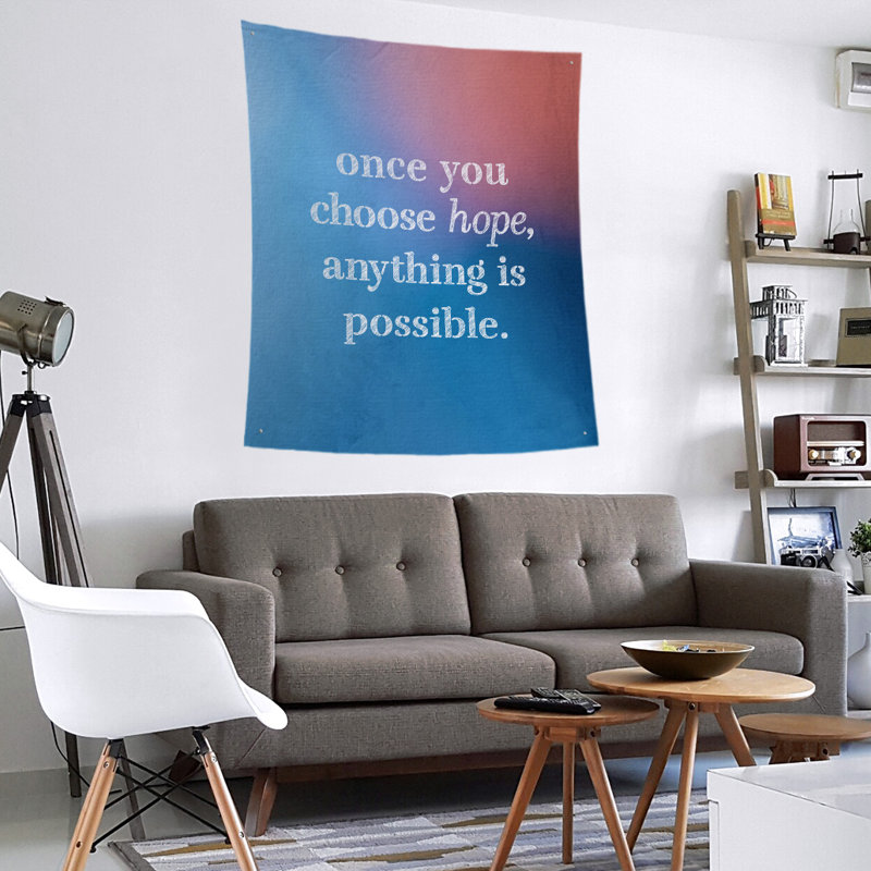 Tapisserie de polyester, citation en polyester, citation de l’espoir, H 104 po x l 88 po, Bleu / rose