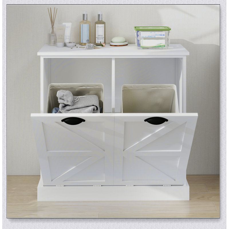 Two-Compartment Tilt-Out Laundry Sorter Cabinet-White