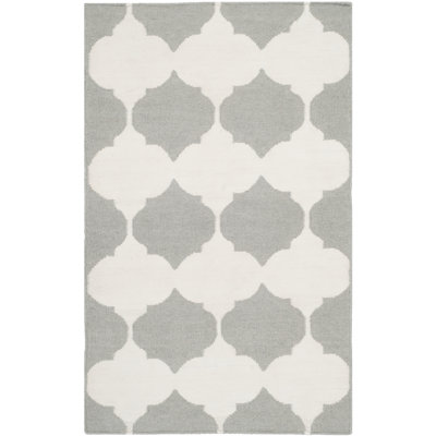 Dhurries Hand Woven Flat Weave Banana Silk/Wool/Cotton Geometric Rug in Grey/Ivory
