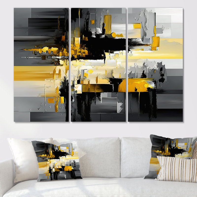 Abstrait géométrique noir et jaune en V - impression de 3 pièces, L 48 po x H 32 po, Toile tendue