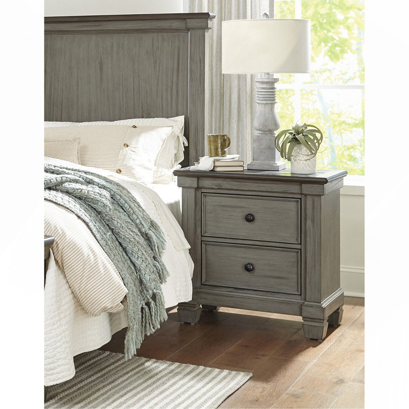 Mobilier de chambre classique style transitionnel rustique et café à 2 tiroirs gris à 2 tiroirs avec boutons plats, Café