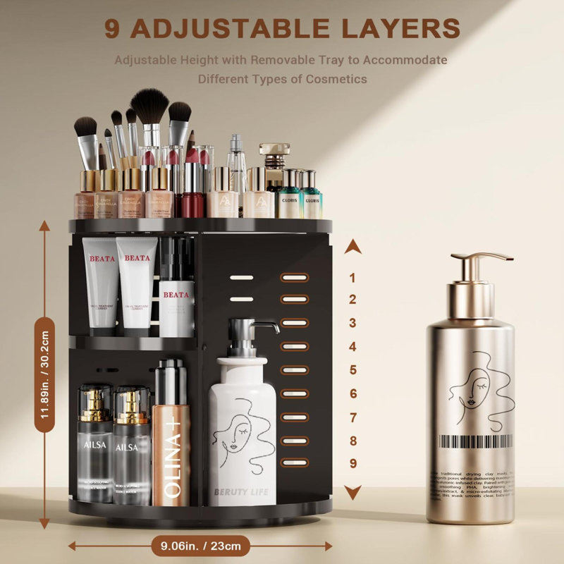 Organisateur de maquillage rotatif, organisateur de soins de la peau rotatif à 7 couches réglables, organisateur de cosmétiques avec plateau de parfum pour porte-pinceaux, carrousel de rangement multifonctionnel pour comptoir de salle de bain