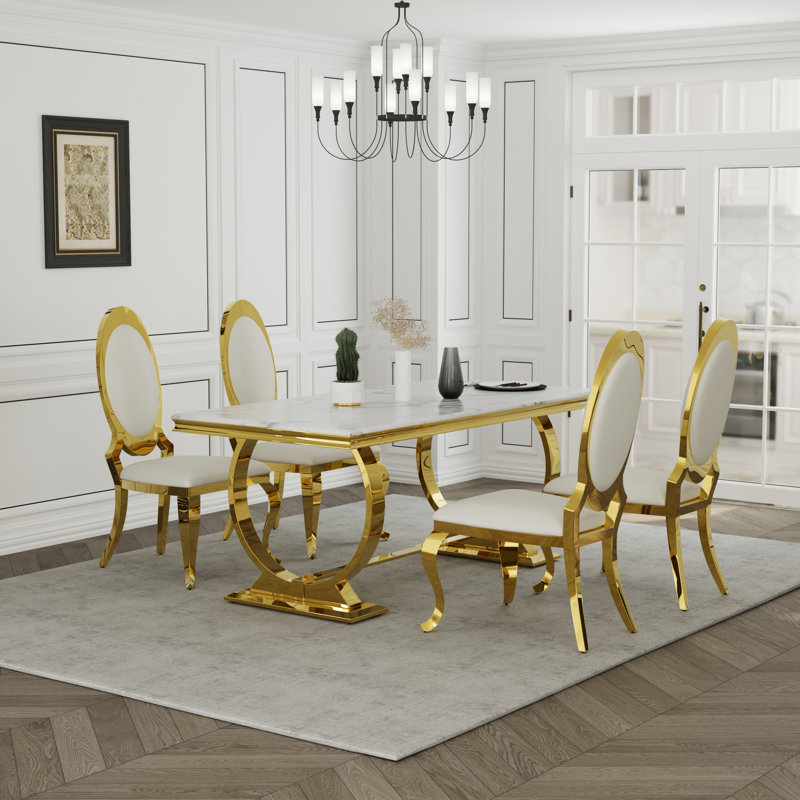Ensemble de table de salle à manger de luxe 5 pièces avec 4 chaises en cuir, Blanc / or, Blanc, Blanc