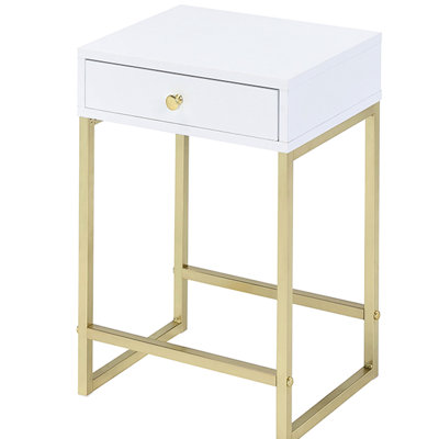 Table d'appoint rectangulaire blanche et laiton avec 1 tiroir, élégante pour la pièce, tiroir en métal coulissant lisse 1 en laiton, style serre, commodité
