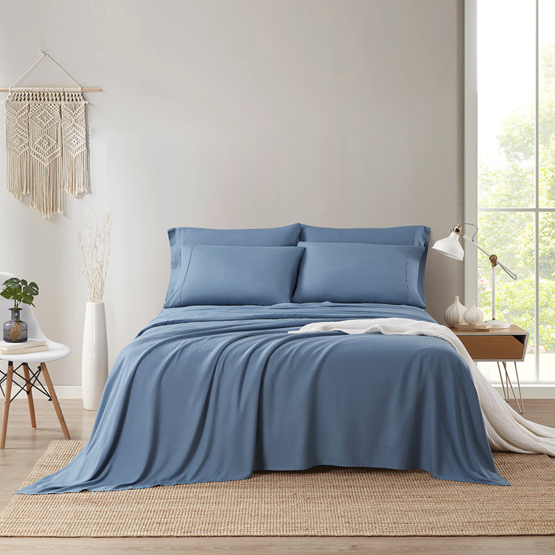 Ensemble de draps en bambou et lin, Ensemble de draps pour très grand lit avec 2 taie, Bleu ardoise