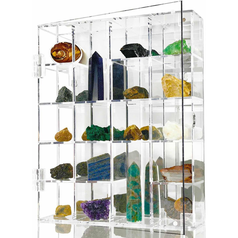 Acrylic Display Case Adjustable Clear Rock Display Case Shadow Box With Shelves Storage Organizer For Mini Pop Figure, Collectibles, Mineral Crystal, Stones, Wall Mountable, With Mirrored & Lid