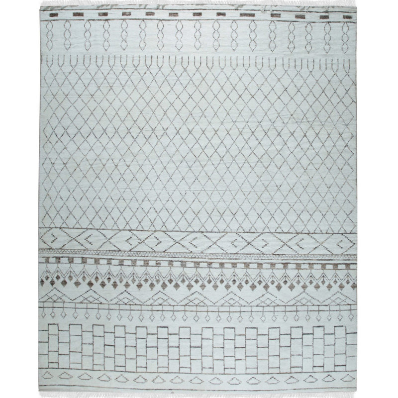 Ivory Hand-Knotted Wool Diamond Lattice Geometric Modern Contemporary Carpet Rug, 10' x 14'