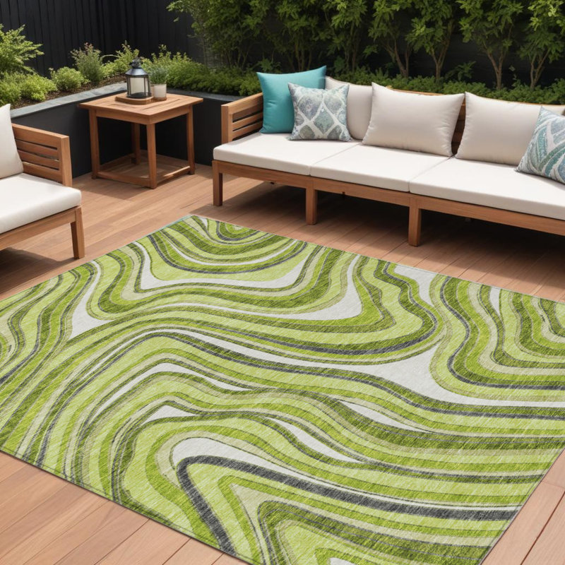 Tapis extérieur lavable abstrait vert lime et gris anthracite 10 pi x 14 pi