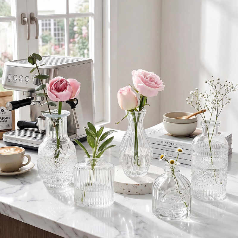 Set Of 5 Vintage Clear Glass Bud Vases, Small Flower Vase Set For Centerpieces, Elegant Decorative Glass Vases For Home, Wedding, Dining Table And Shelf Decor
