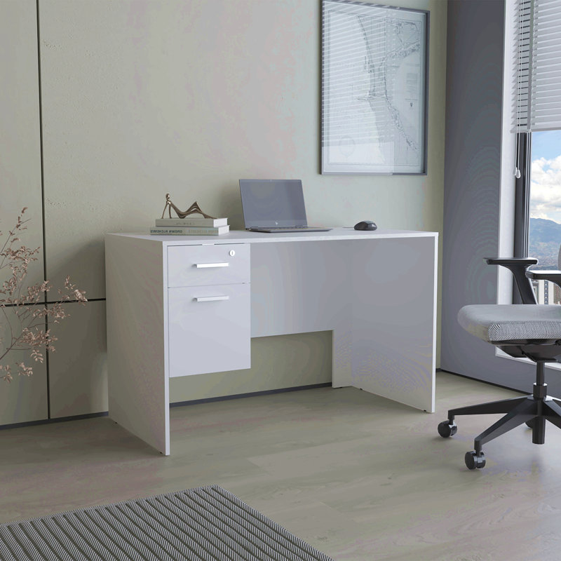 Bureau moderne avec deux tiroirs et rangement latéral, poste de travail d'ordinateur compact pour bureau à domicile ou salle d'étude, blanc