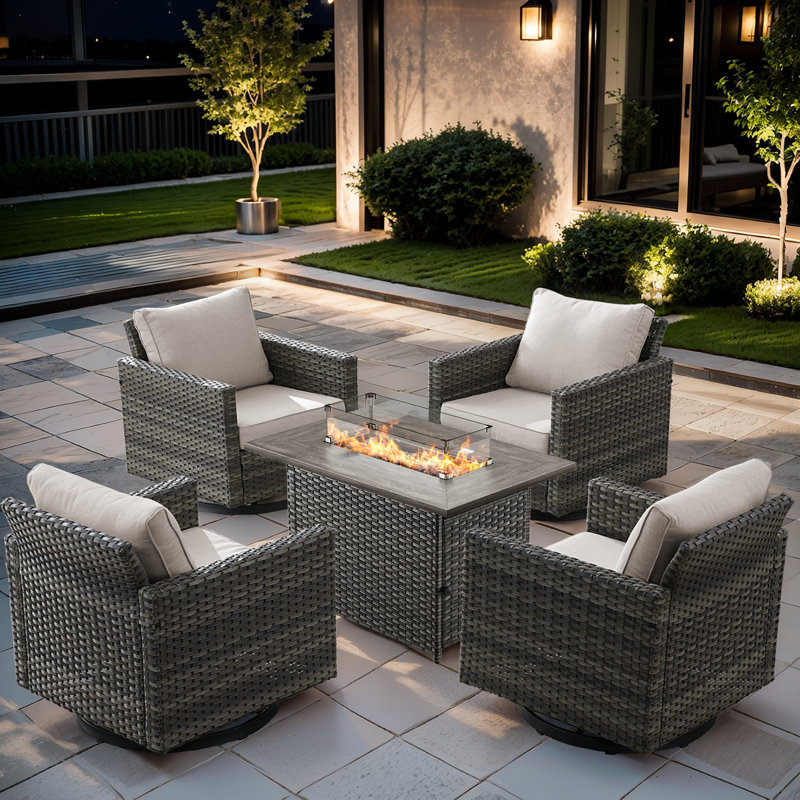 Naresa 5-Piece Outdoor Set  4 Swivel Gliders & Fire Pit Table, 55K BTU Heat, All-Weather PE Wicker, Beige, Light Gray