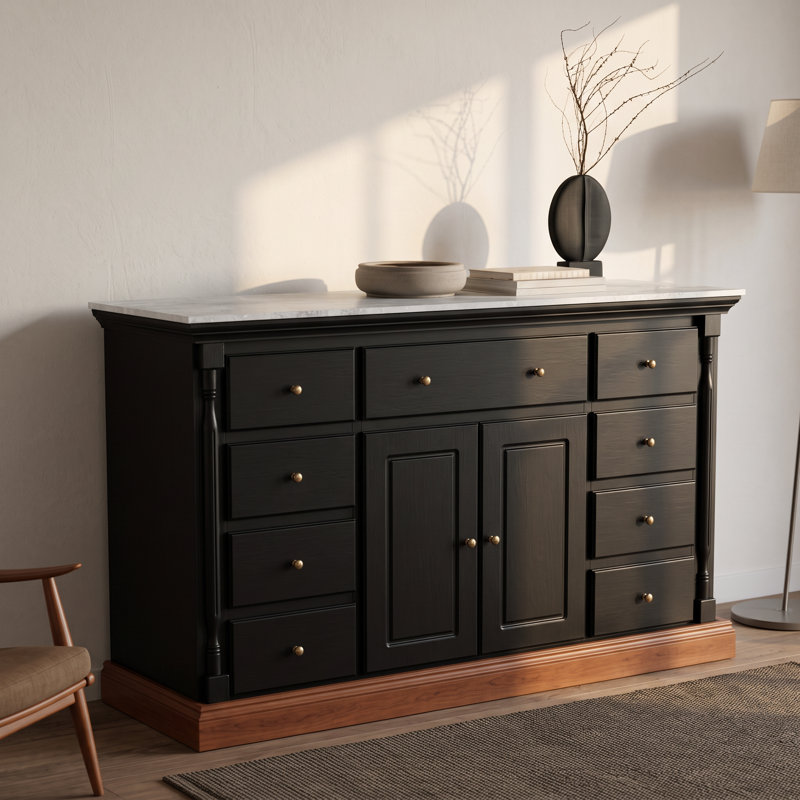 Buffet H 39,4 po x l 63 po x P 19,7 po avec 9 tiroirs et plateau d'aspect marbre