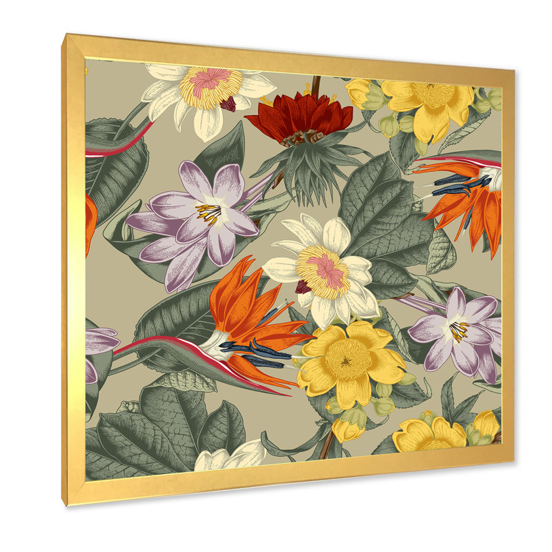 Fleurs exotiques rétro en orange et jaune - peinture sur toile, H 16 po x l 16 po x P 1 po, Cadre doré