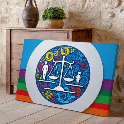 Canvas A Vibrant Stylized Emblem Featuring A Central Scale Of Justice Wall Art Intricately Designed With Swirling Floral Motifs And Canvas Wall Art