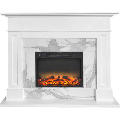 Hildo 57-In. Modern Electric Fireplace Mantel With Faux Charred Log Display Insert And Remote Control | White Faux Marble | Heating For Living Room, -  Winston Porter, 2BF175DD01104550B14CDE5C4278BF2F