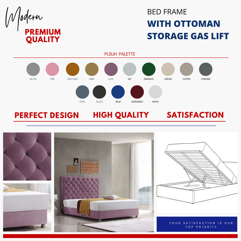 Adriella Upholstered Ottoman Storage Bed, Double (4'6), Lilac