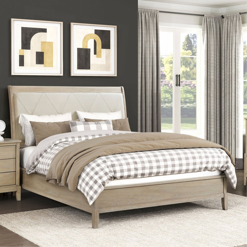 Mobilier de chambre à coucher classique de style campagnard avec tête de lit tapissier beige, Lit double