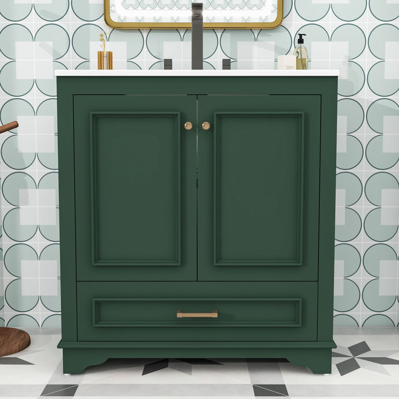 Meuble-lavabo moderne avec lavabo en céramique, tablette réglable et tiroir de rangement, Vert