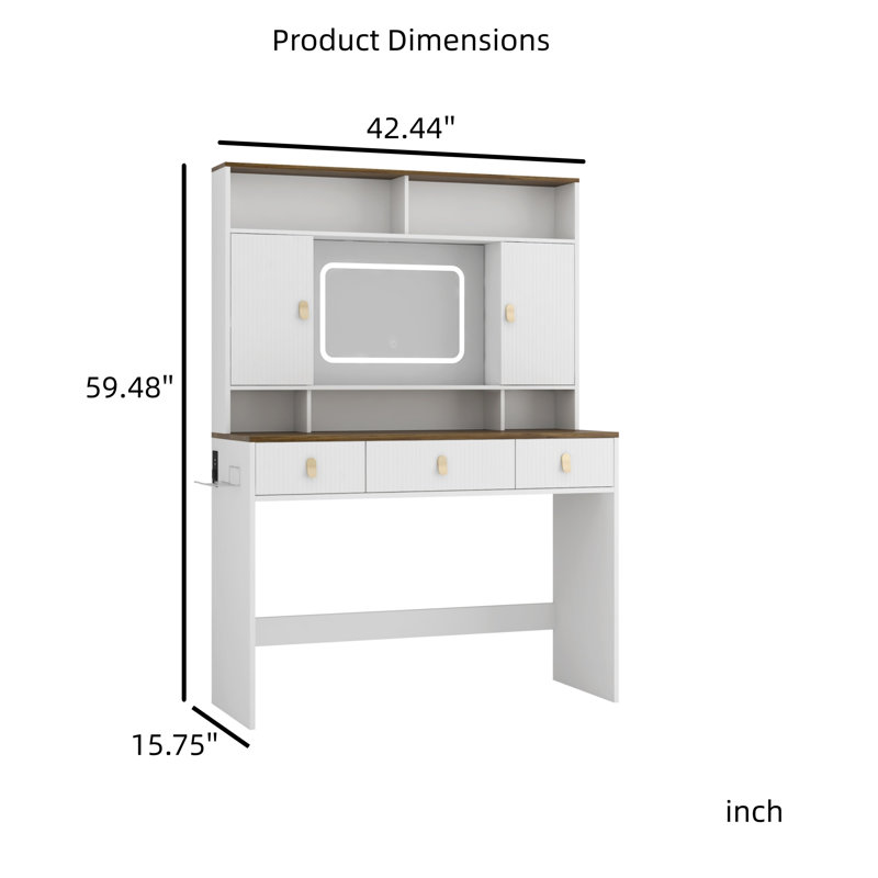 43-inch Wide White Vanity With Lighted Mirror And Makeup Drawer. Vanity Set Includes Hair Dryer Holder, Suitable For Bedrooms.
