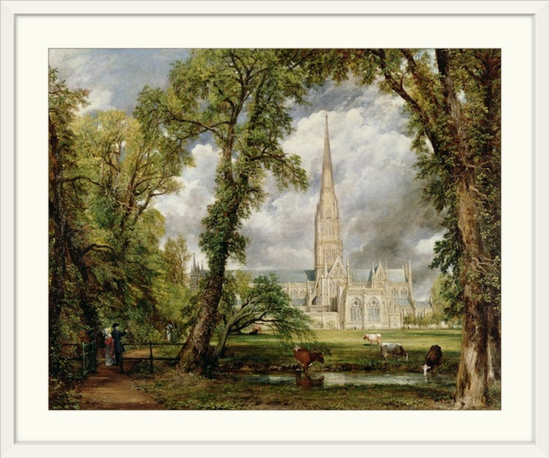 Vue de la cathédrale de Salisbury depuis l'évêché par John Constable - reproduction, H 32 po x l 38 po x P 1 po, Cadre blanc