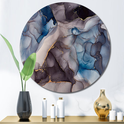 Gris et bleu, art abstrait fluide de luxe - cercle moderne en métal, art mural
