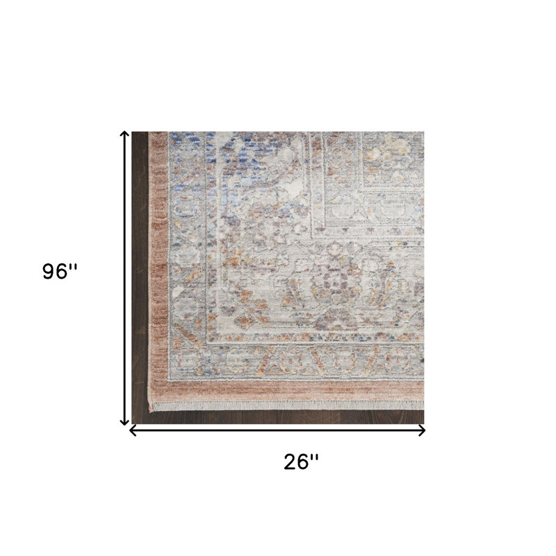 Tapis de couloir oriental brun et bleu tissé à la machine 8 po avec franges, Tapis de couloir 2 pi 2 po x 8 pi