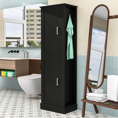 Freestanding Bathroom Storage Cabinet with Adjustable Shelves, Anti-Toppling Device and Side Hook