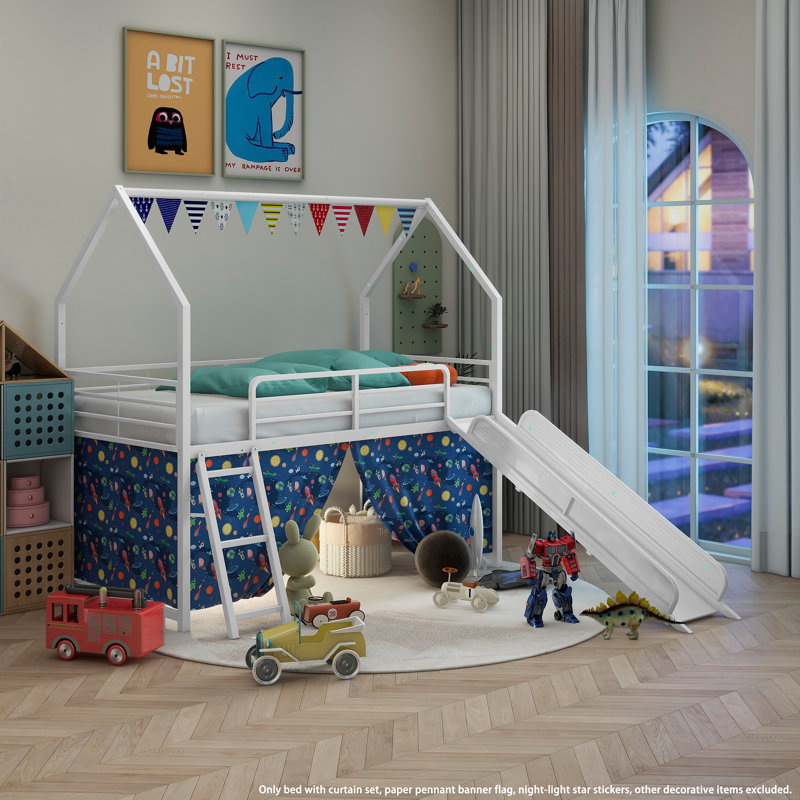 Lit mezzanine simple Jack en métal avec glissade et rideau, Blanc / Bleu