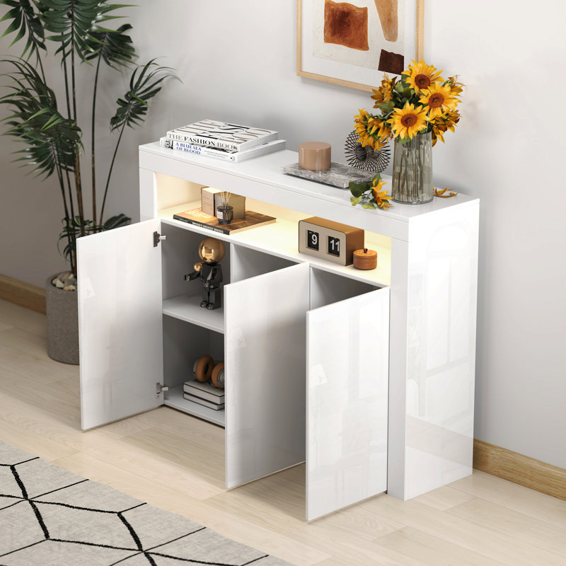 Meuble de rangement pour salon / buffet blanc ultrabrillant avec éclairage à DEL, unité de cuisine moderne avec buffet et armoire de rangement en bois avec 3 portes pour le couloir et la salle à manger