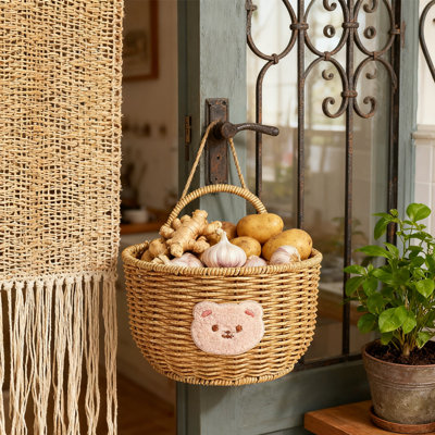 Panier en osier tissé à la main de 5 pouces avec poignée et joli ours - Peut être utilisé pour ranger les essentiels de cuisine, mini panier de rangement multifonctionnel