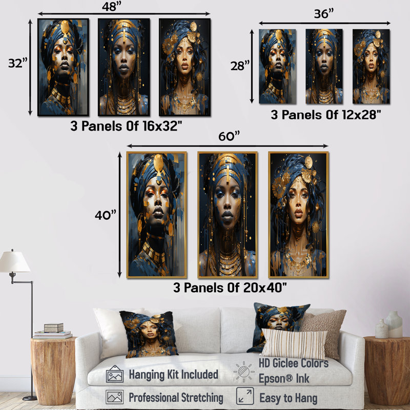 «Blue and Gold African Woman Goddess I», ensemble de 3 reproductions d'art sur toile, Cadre flottant doré, H 40 po x l 60 po