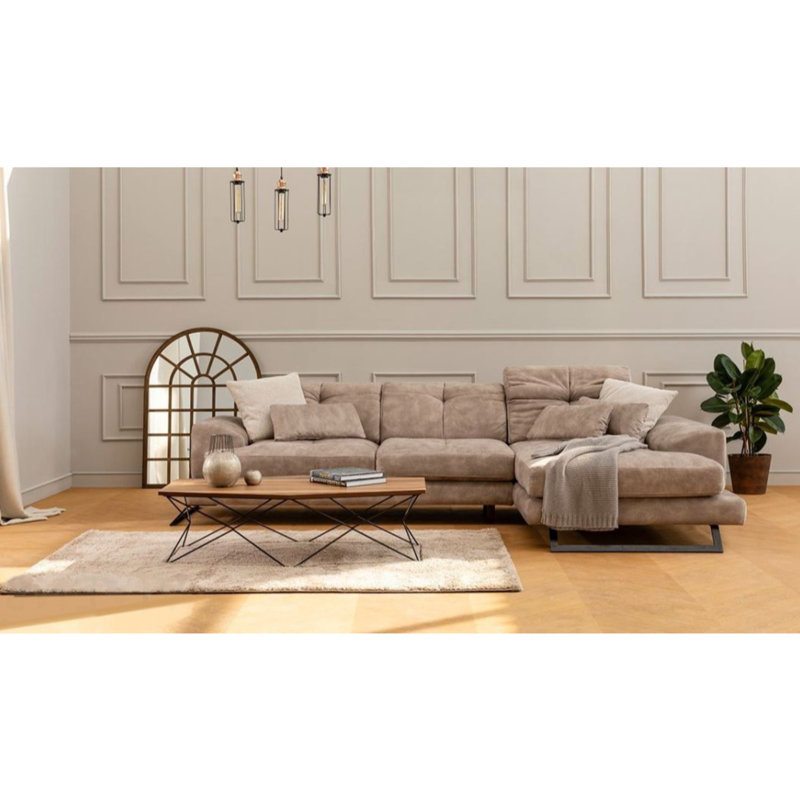 Elegant Corner Sofa with Adjustable Backrest, Beech Wood Frame & 100% Polyester Fabric, 74.8 x 119.6 x 36.2 inches | Includes 5 Cushions, Dry-Cleanable, Sturdy Matt Black Metal Legs, Soft Grey Foam | Modern Ecru Design for Living Room