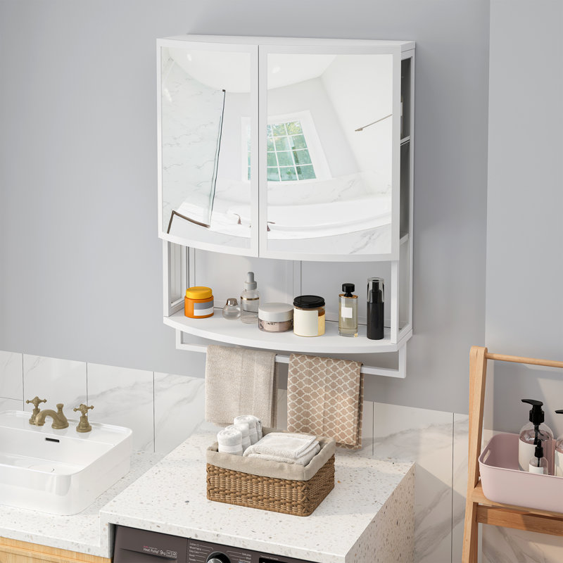 Modern Arched Double-Door cabinet with Shatterproof Non-Glass Mirror, Shelf & Towel Rack, White