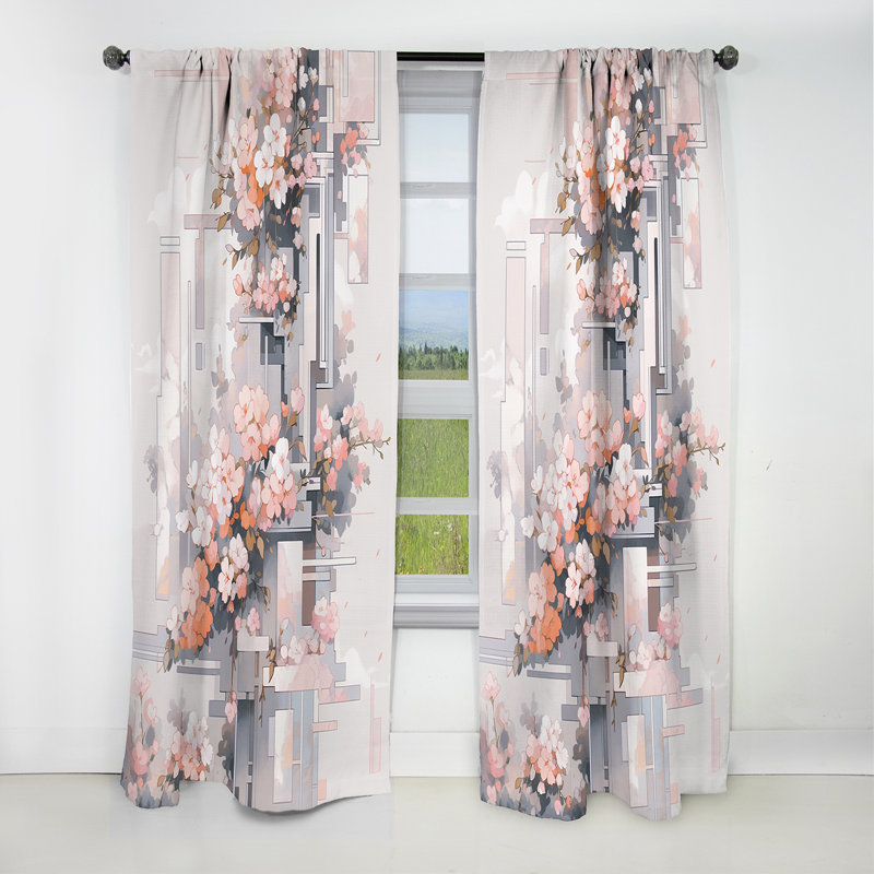 Contemporary Cherry Blossom Bold Stripes I - Rideau occultant en velours floral cerise - 1 panneaux, L 52 po x L 84 po