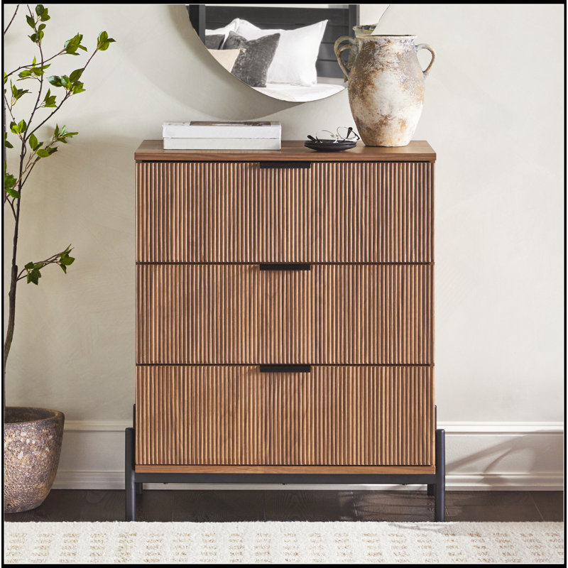 Commode 3 tiroirs Mid-Century avec façades en roseau, moka