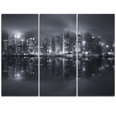 Hong Kong Black and White Skyline - 3 Piece Photographic Print on Wrapped Canvas Set -  Design Art, PT10980-3P