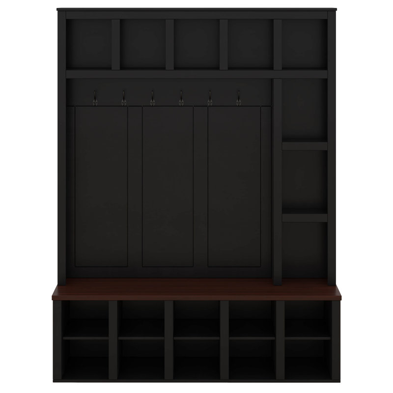 Farmhouse Entryway Bench With Coat Rack, Hall Tree With 6 Hooks, Walnut Storage Bench With Adjustable Shelves, 13 Cubbies