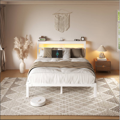 Full Metal Platform Bed with Storage Headboard, Charging Station, LED Light, Easy Assembly, White