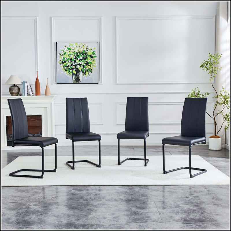 Chaise de salle à manger rembourrée en polyuréthane noir avec pieds chromés - ensemble de 4, Black, Noir, Argent