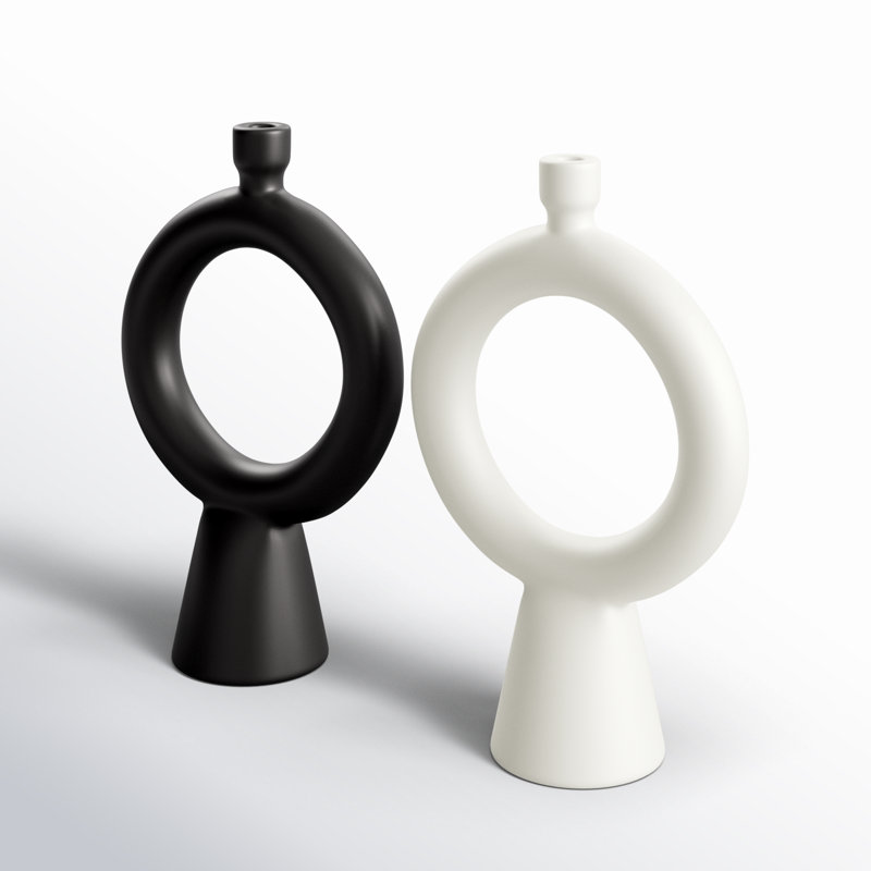 Black and White Ceramic Geometric Ring Tabletop Candlesticks, Set of 2